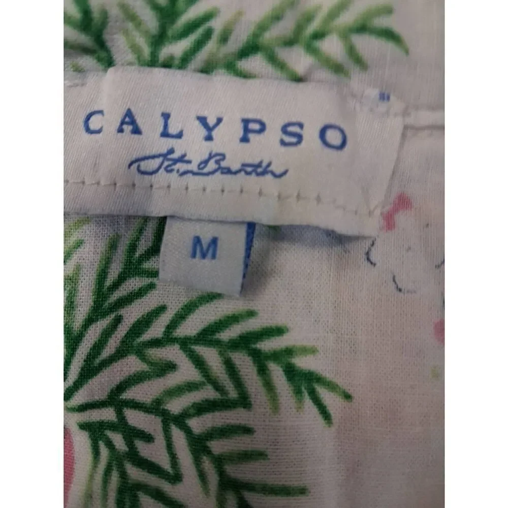 Calypso st Barth womens medium linen boxy crop top cream green Hawaiian beach